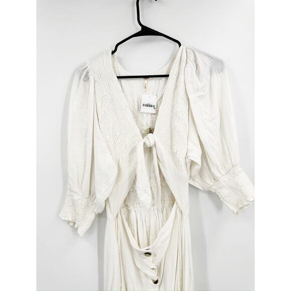 Free People String of Hearts White Button Tie Front Linen Blend Maxi Dress Sz M - Picture 3 of 6